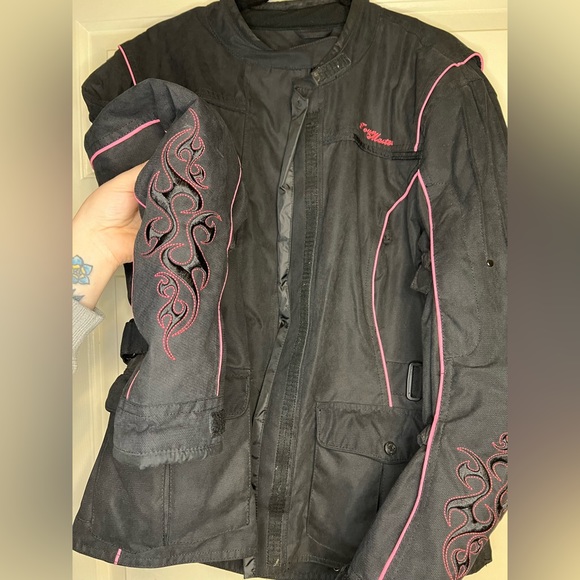 Tour Master Black and Pink Motorcycle Biker Riding Jacket Embroidered Heavy Duty - Picture 9 of 9